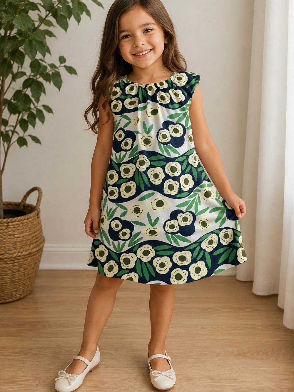 Uniqlo Navy Floral Sleeveless Shift Dress with Cream Flowers